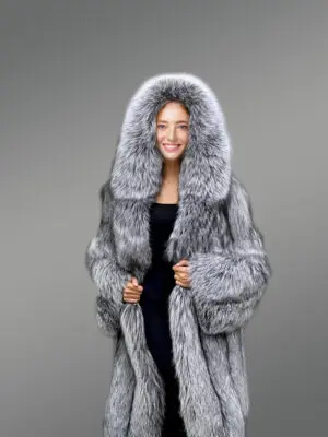 Long Blue Silver Fox Fur Coat for Women
