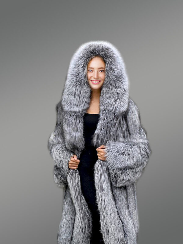 Long Blue Silver Fox Fur Coat for Women