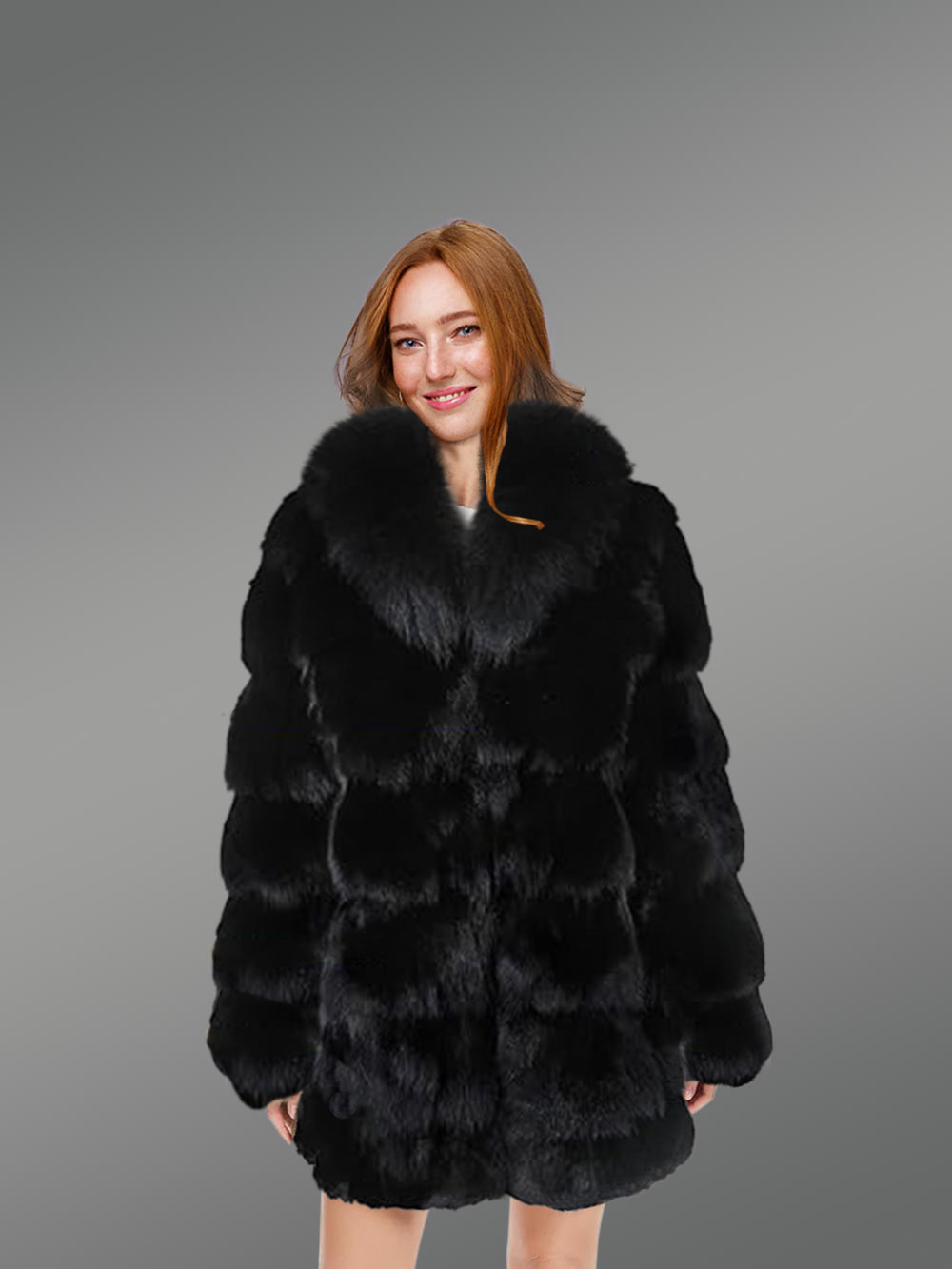 Women’s Mid Length Fox Fur coat with Fox Fur Collar