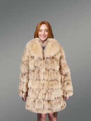 Women’s Mid Length Fox Fur coat with Fox Fur Collar in Beige