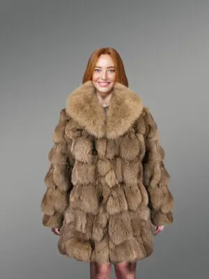 Women’s Mid Length Fox Fur coat with Fox Fur Collar in Brown