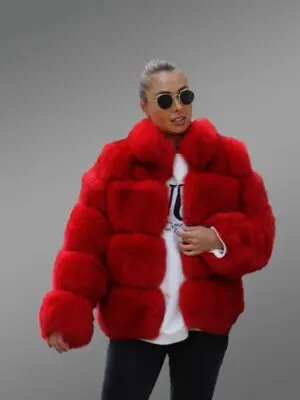 Womens Red Paragraph Fur Coat