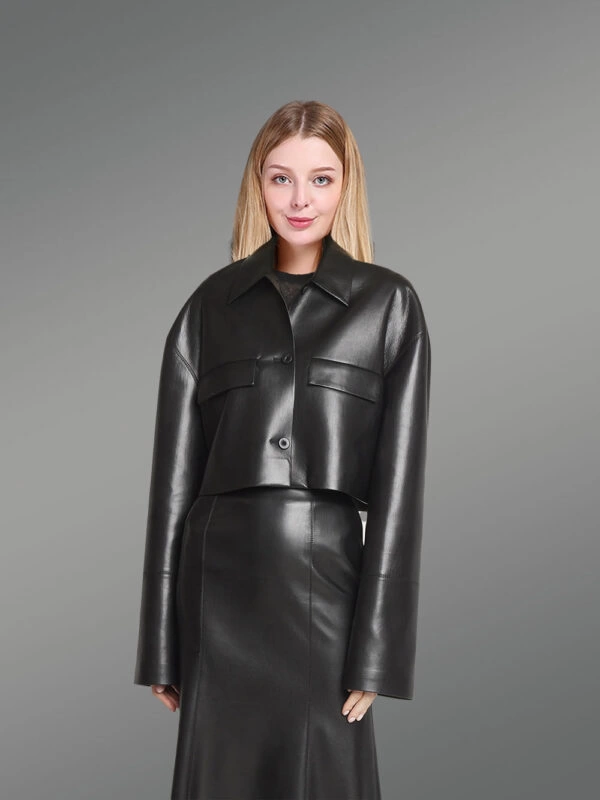 Crop Leather Jacket with Leather Skirt - Image 2