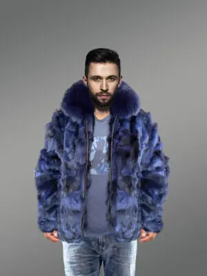 Men’s Blue Classic Bomber with Fox Fur Collar