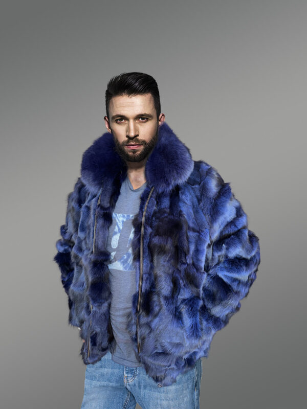 Mens Blue Fox Fur Jacket in Bomber Style with Fox Fur Collar - Image 2