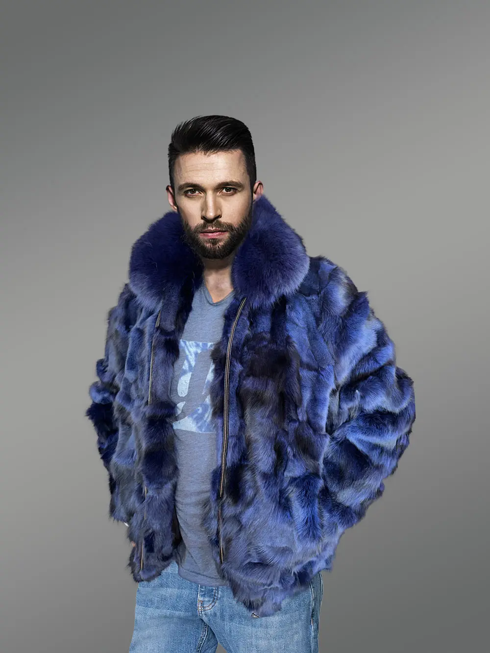 Mens Blue Fox Fur Jacket in Bomber Style with Fox Fur Collar - Image 2