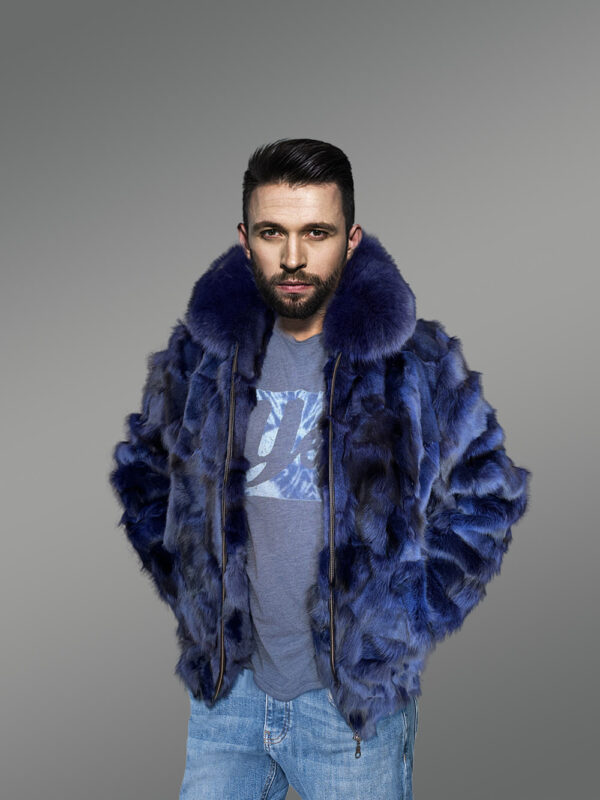 Mens Blue Fox Fur Jacket in Bomber Style with Fox Fur Collar - Image 3