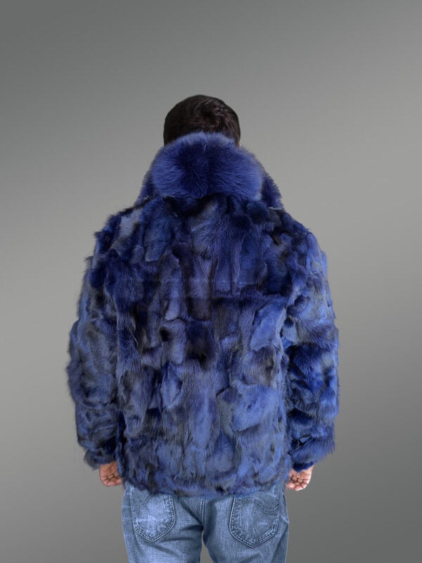 Mens Blue Fox Fur Jacket in Bomber Style with Fox Fur Collar - Image 4