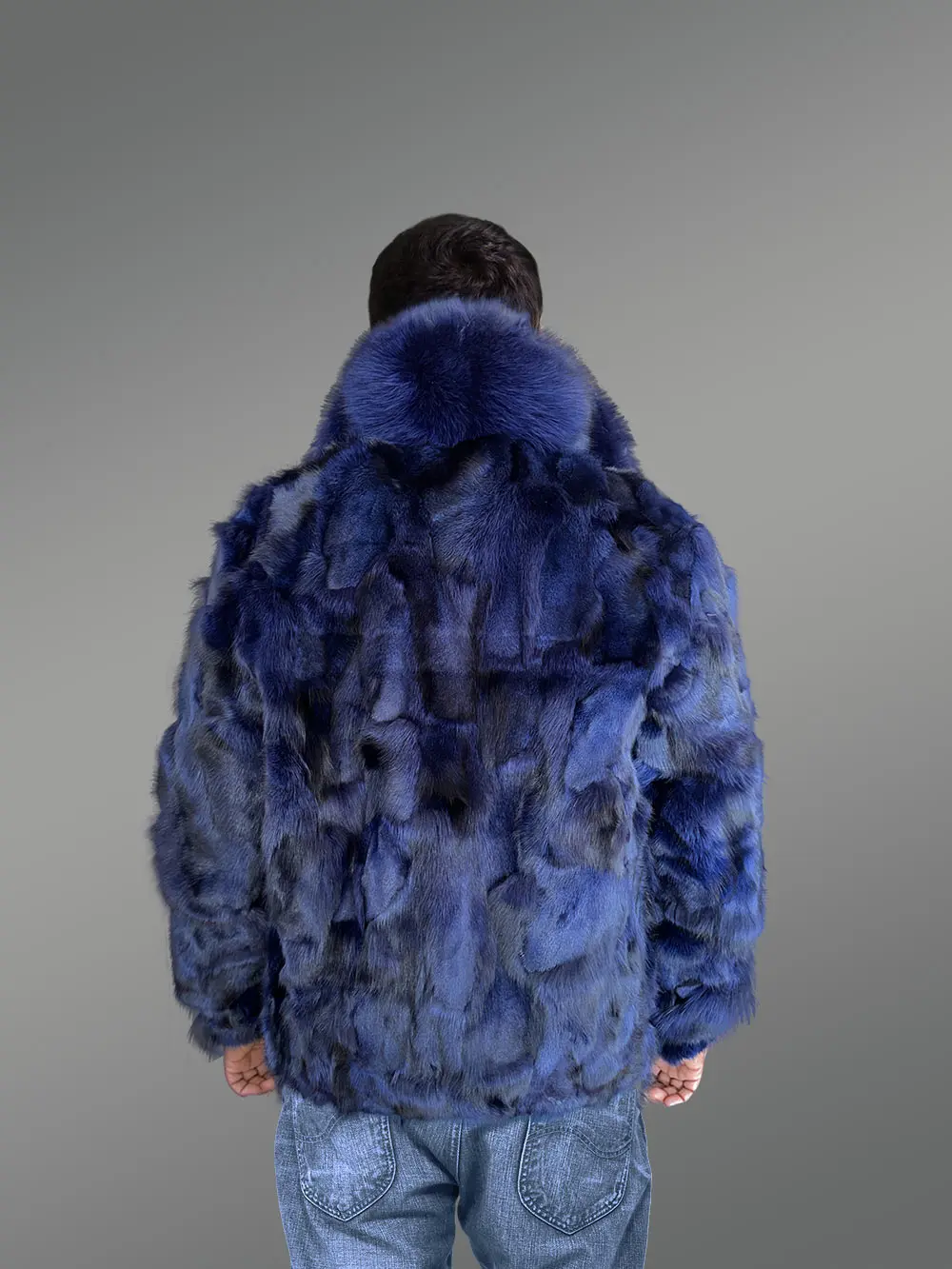 Mens Blue Fox Fur Jacket in Bomber Style with Fox Fur Collar - Image 4