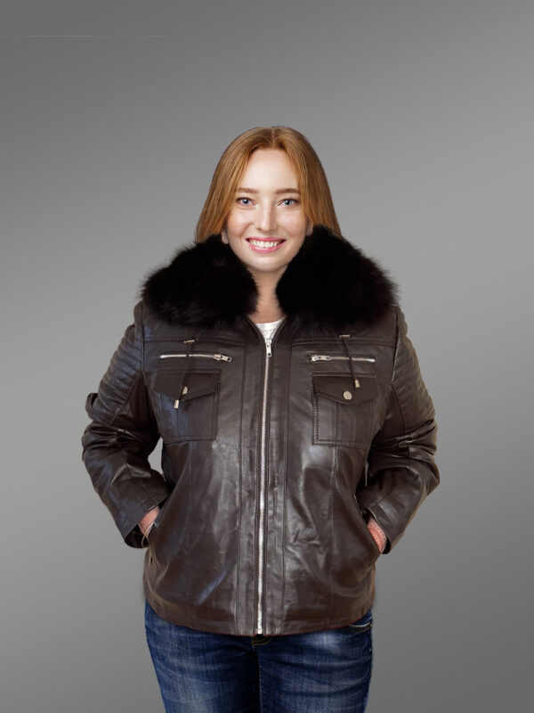 Womens Leather Jacket with Hood - Image 2