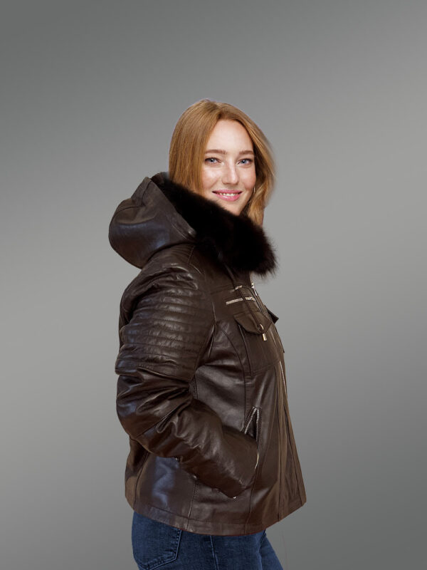 Womens Leather Jacket with Hood - Image 3