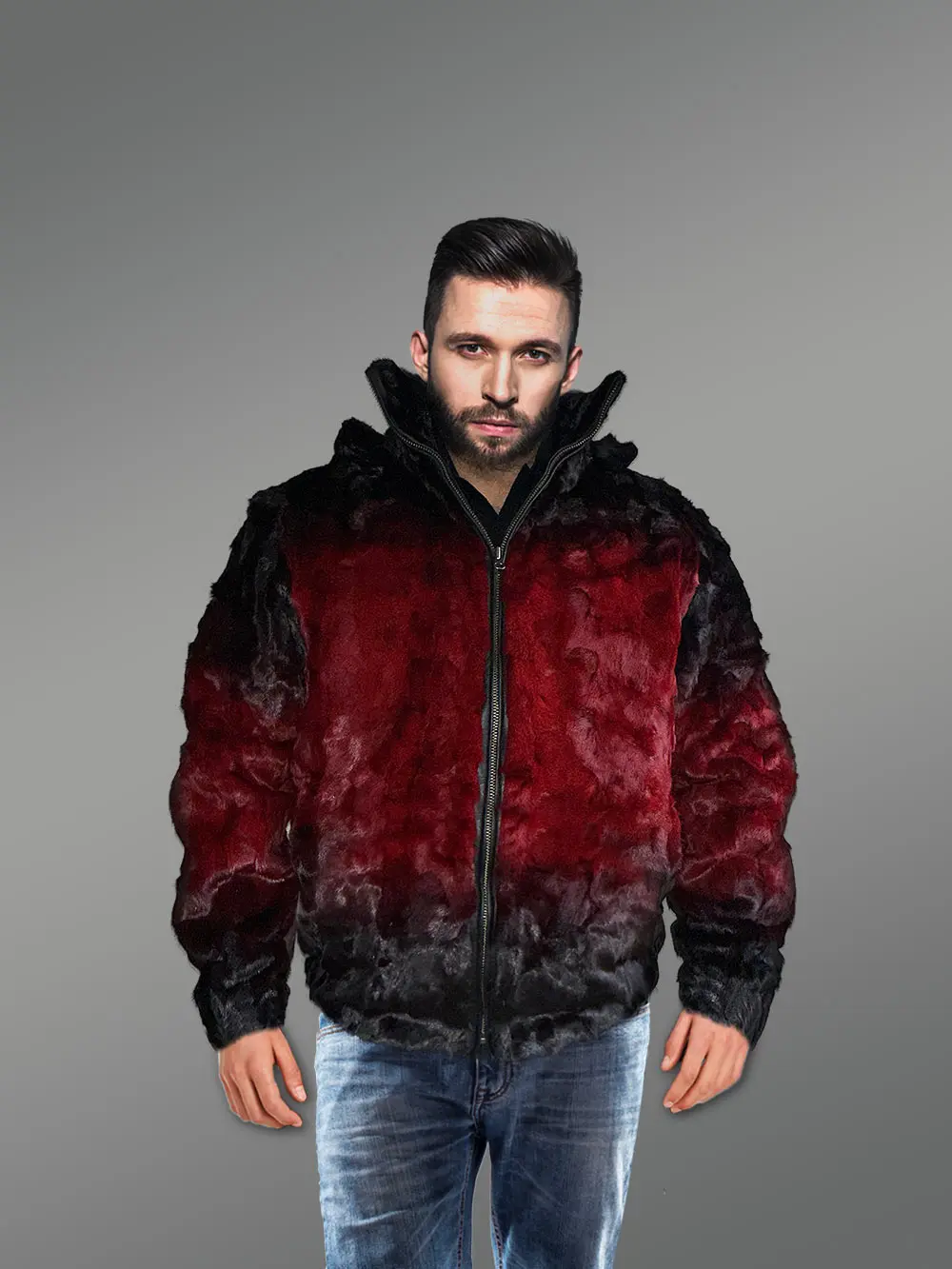 Mens Mink Bomber with Hood in a Vivid Color Combination - Image 2