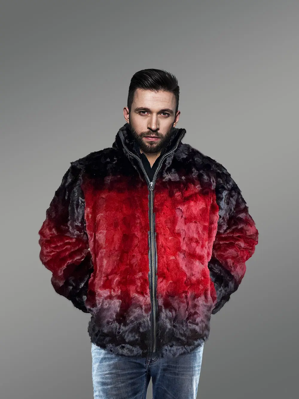 Mens Mink Bomber with Hood in a Vivid Color Combination
