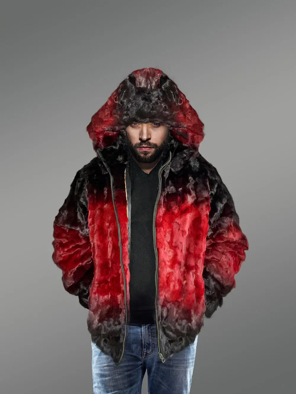 Mens Mink Bomber with Hood in a Vivid Color Combination - Image 3