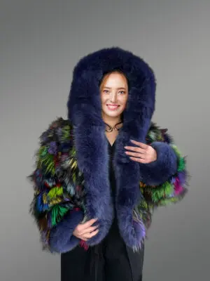 Multicolor Crop Fox Fur Jacket with Accentuated Frontline and Cuffs