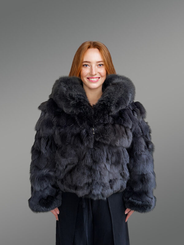 Womens Fox Fur Crop Jacket with Hood