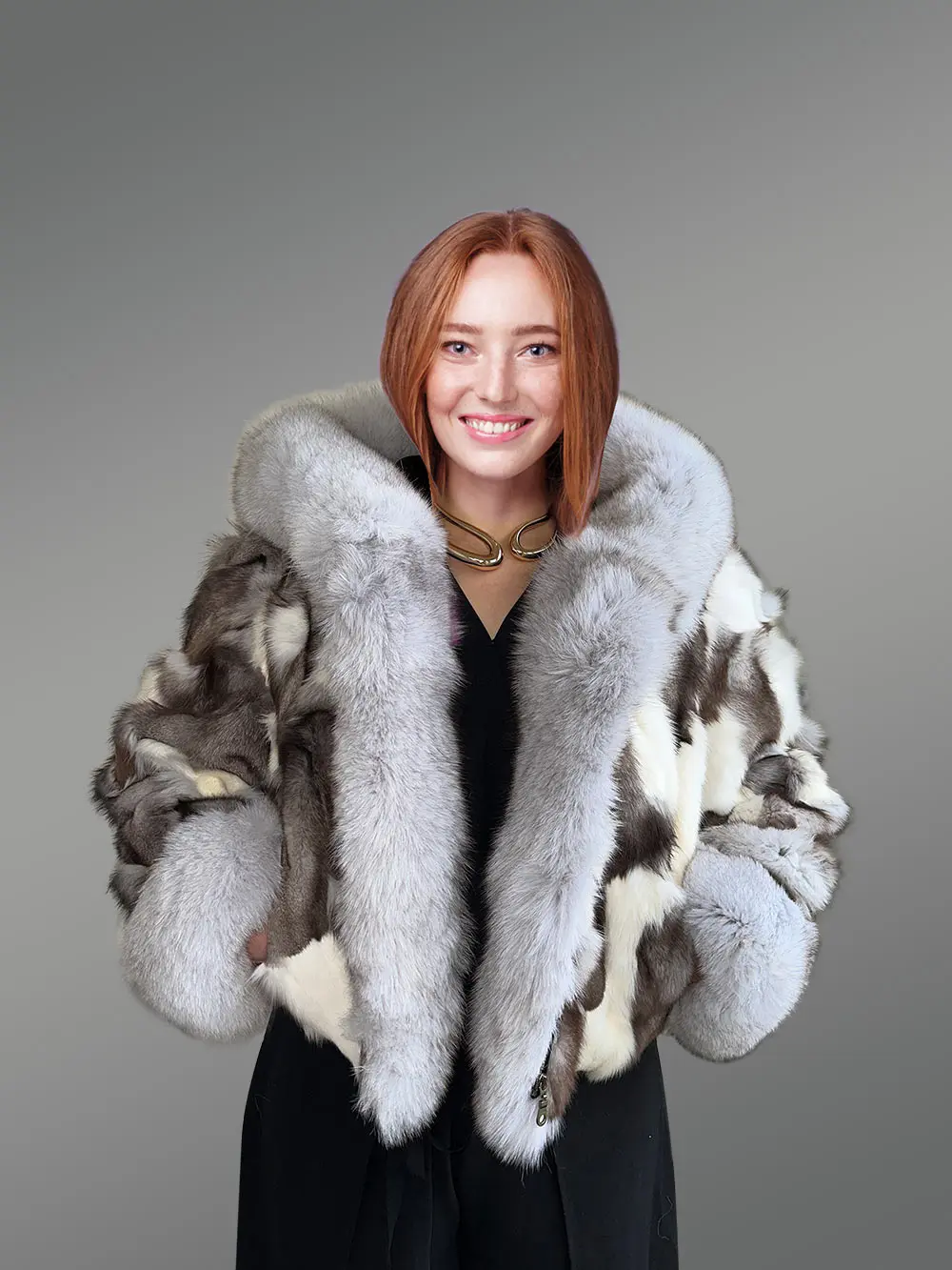 Womens Fox Fur Patterned Jacket with Stylish Hood and Cuffs - Image 8