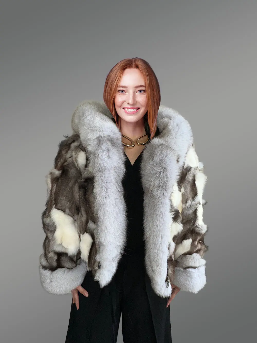 Womens Fox Fur Patterned Jacket with Stylish Hood and Cuffs - Image 5