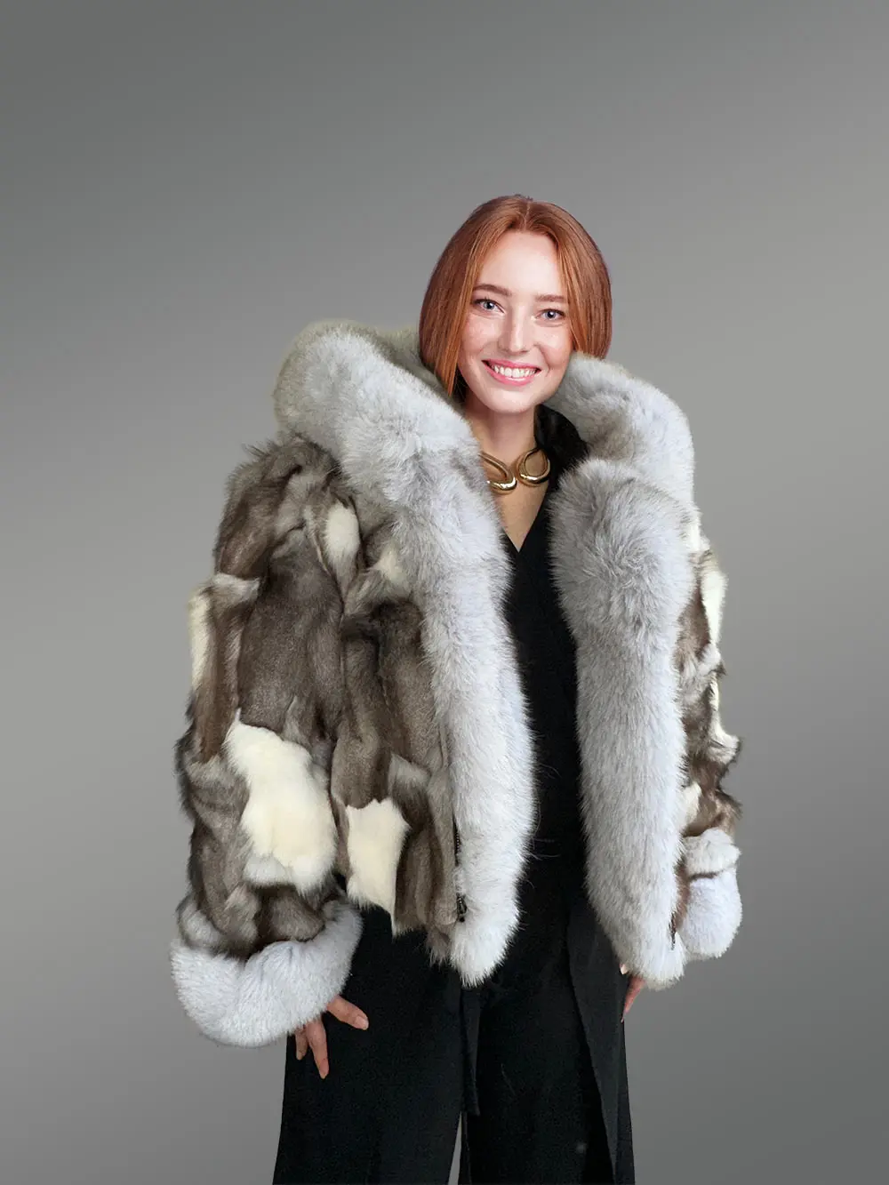 Womens Fox Fur Patterned Jacket with Stylish Hood and Cuffs - Image 4