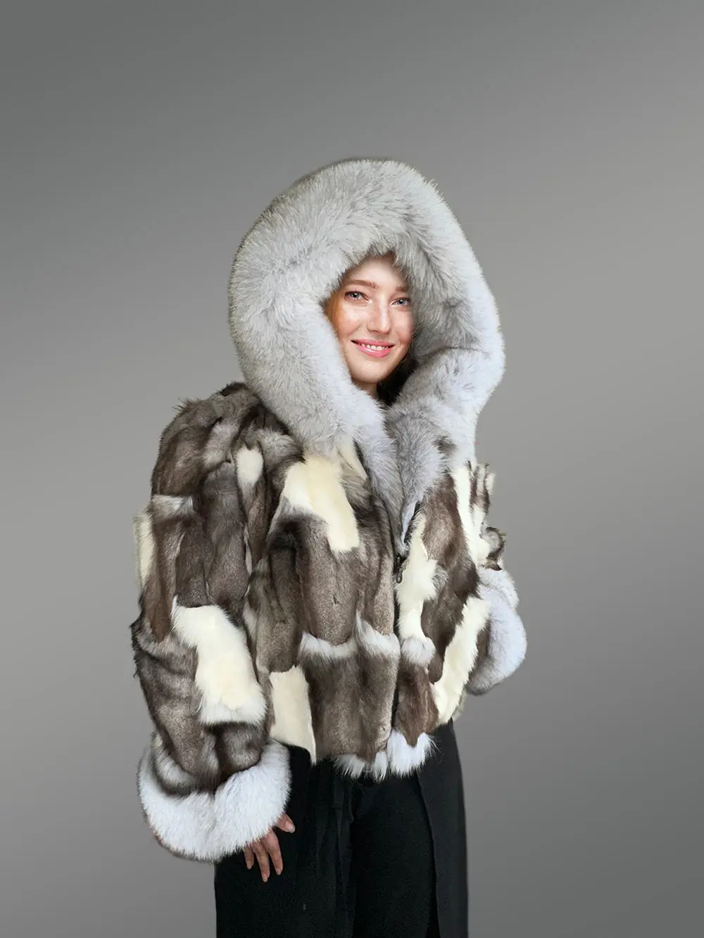 Womens Fox Fur Patterned Jacket with Stylish Hood and Cuffs - Image 3