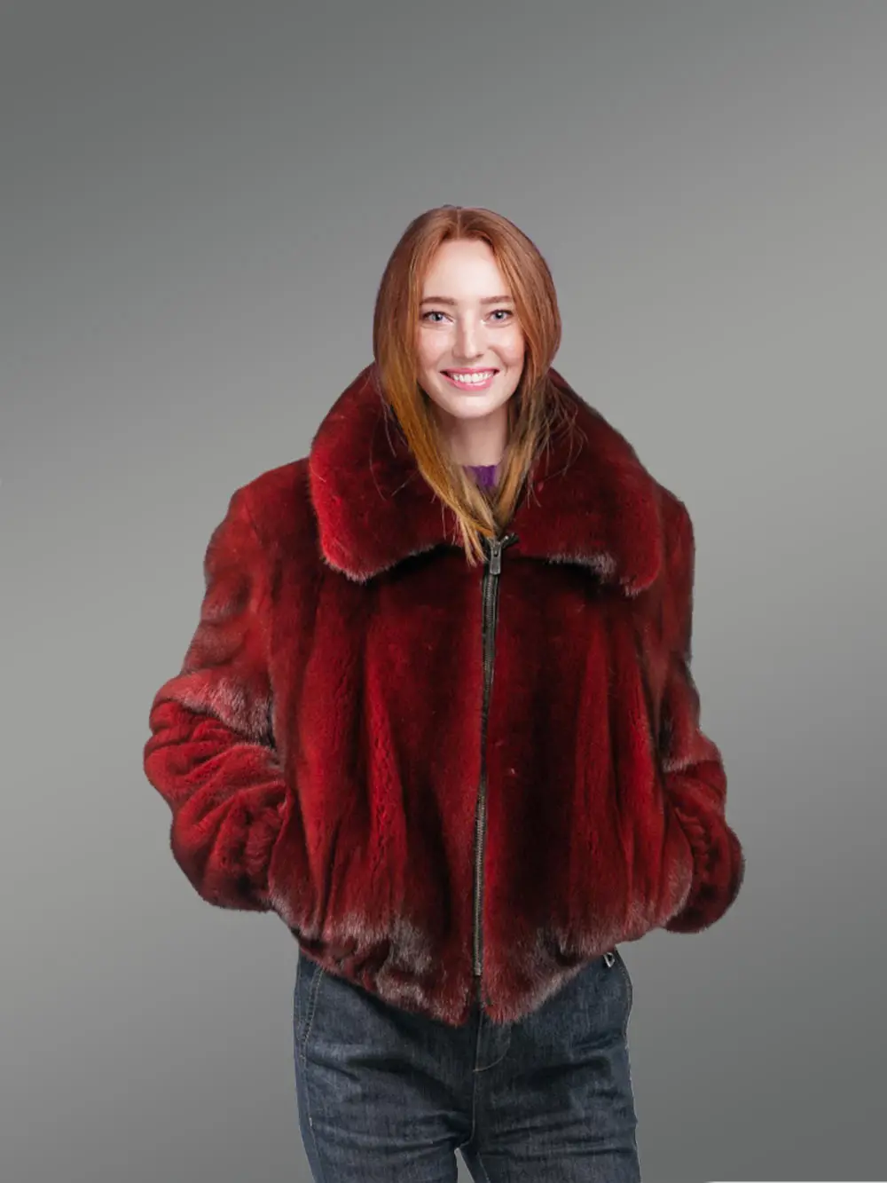 Womens Red Mink Bomber Jacket