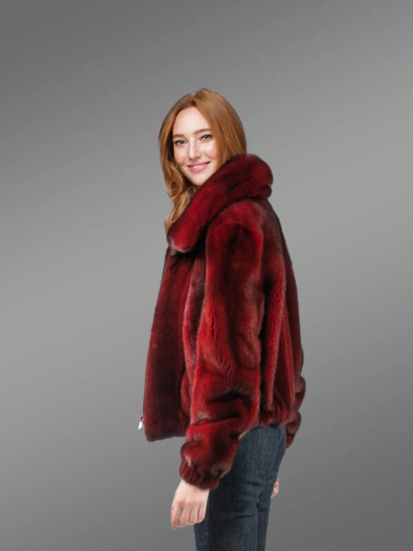 Womens Red Mink Bomber Jacket - Image 2