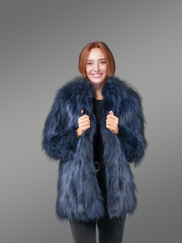 Womens Navy Raccoon Coat - Image 2