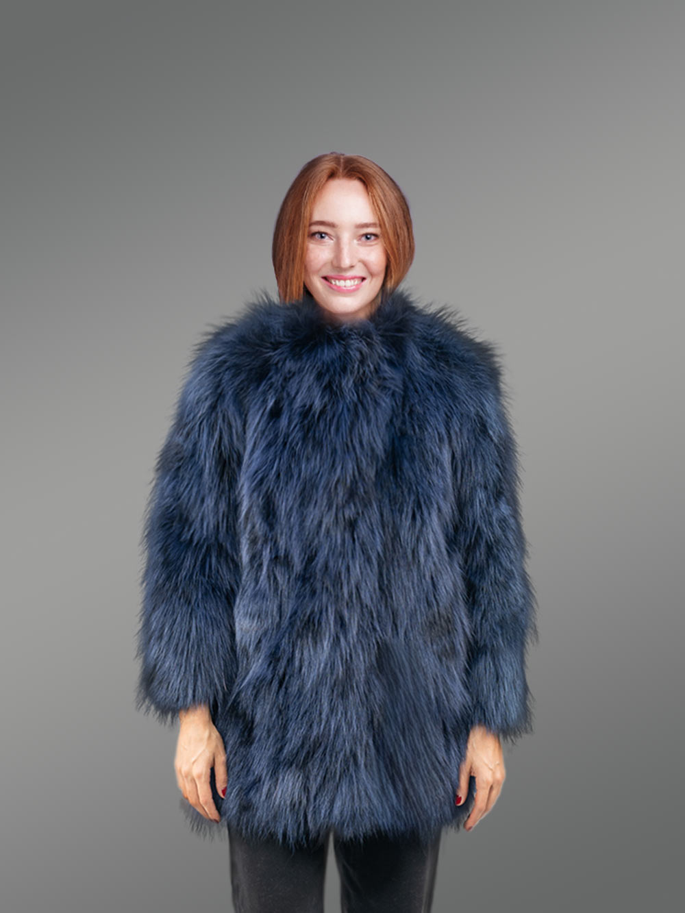 Womens Navy Raccoon Coat