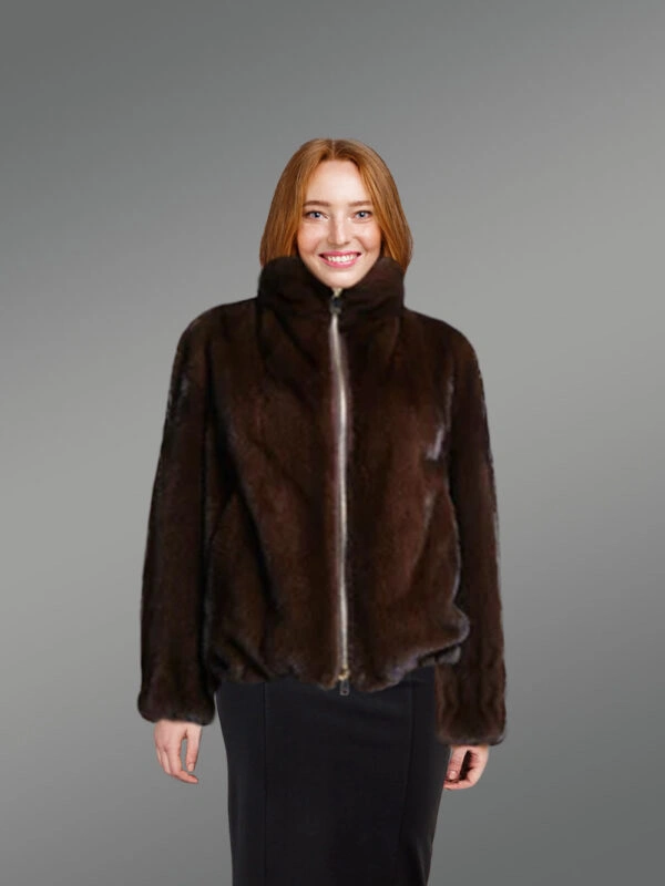 Full Skin Mink Fur Bomber Jacket with Sort Collar for Women