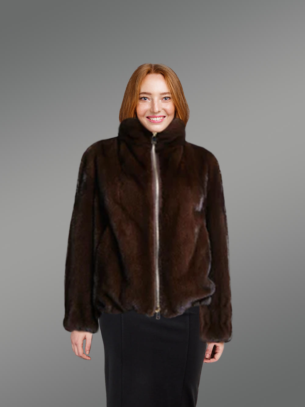 Full Skin Mink Fur Bomber Jacket with Sort Collar for Women