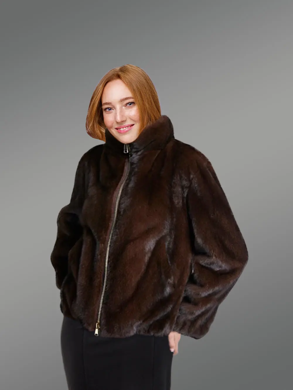 Full Skin Mink Fur Bomber Jacket with Sort Collar for Women - Image 3