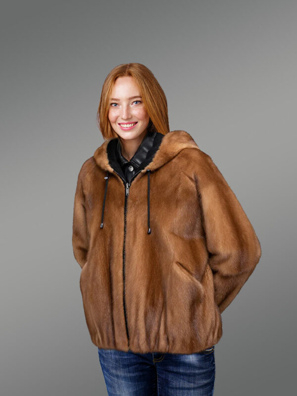 Reversible Mink Fur Bomber Jacket with Hood for Women