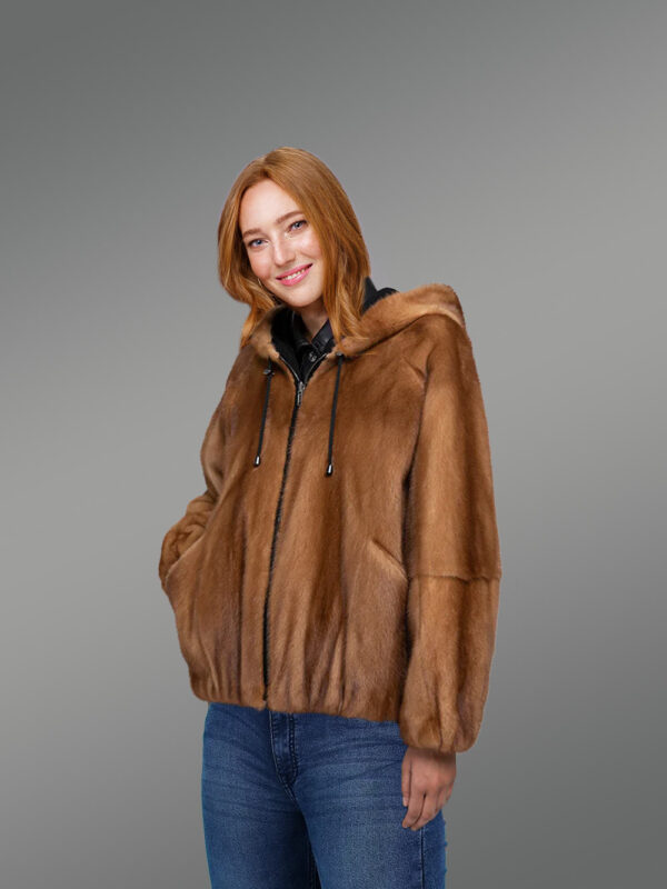 Reversible Mink Fur Bomber Jacket with Hood for Women - Image 4