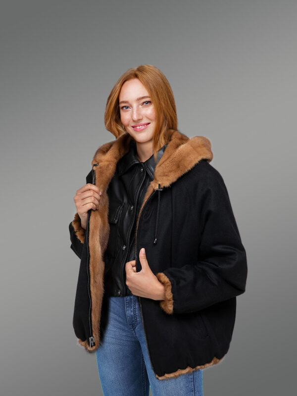 Reversible Mink Fur Bomber Jacket with Hood for Women - Image 2