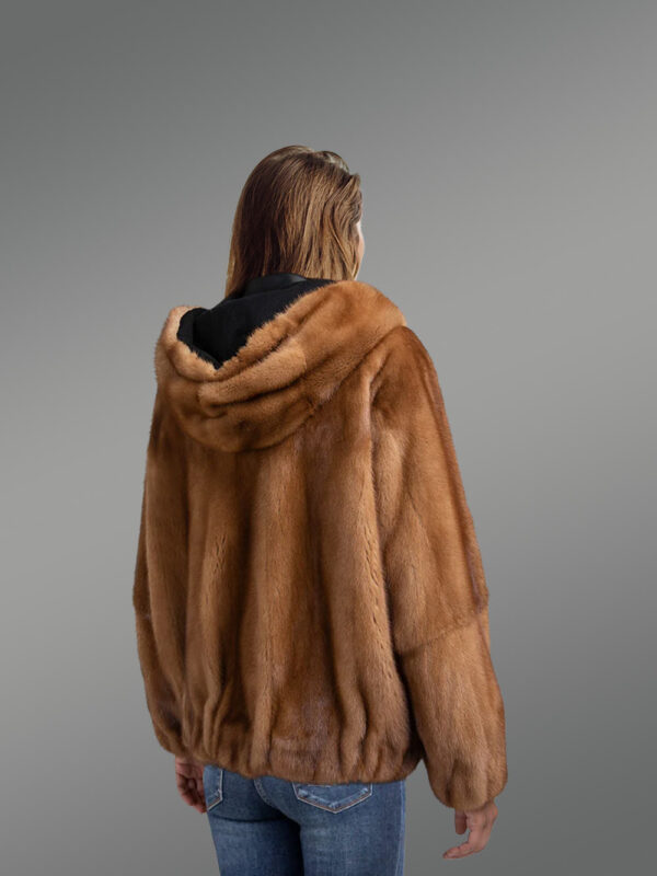 Reversible Mink Fur Bomber Jacket with Hood for Women - Image 3