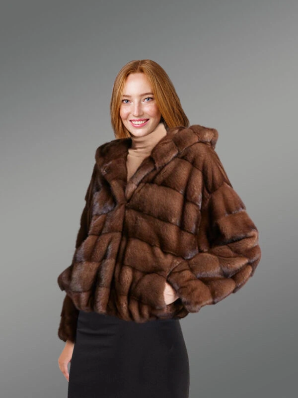 Women’s Mink Bomber with Horizontal Pattern - Image 3