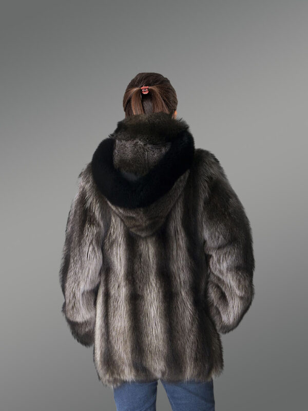 Womens Raccoon Fur Coat with Hood - Image 2