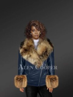 Leather Moto Jacket with Spectacular Raccoon Fur Collar