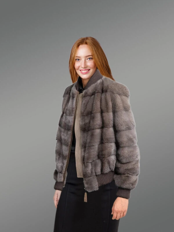 Blue Iris Mink Bomber Jacket for Women - Image 3