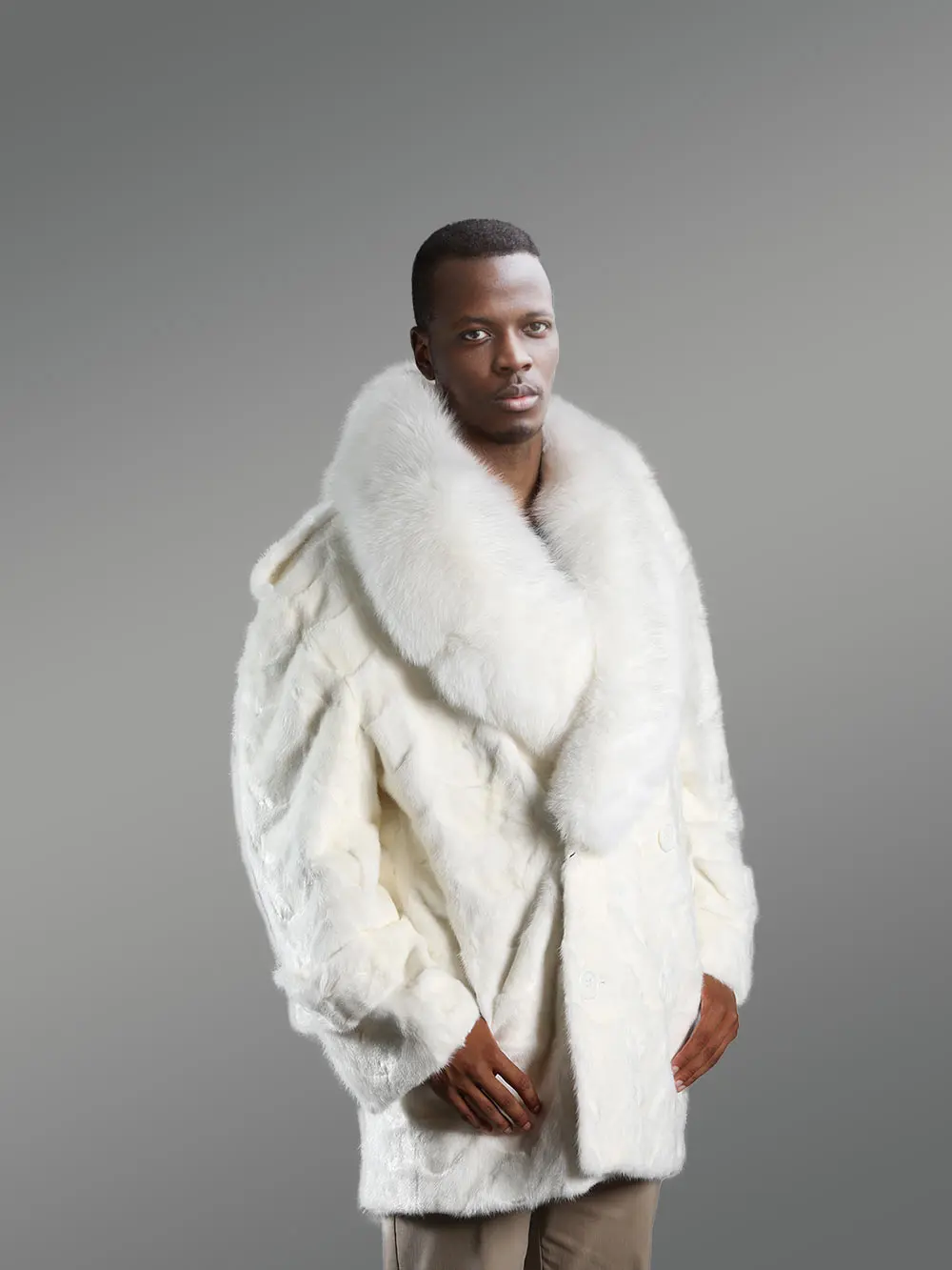 Mens Mink Pea Coat with Fox Fur Collar- A Classic Comfy Warm Wear