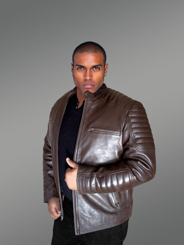 Brown Leather Jacket with Zippers Stylizing Men with Utmost Comfort - Image 8