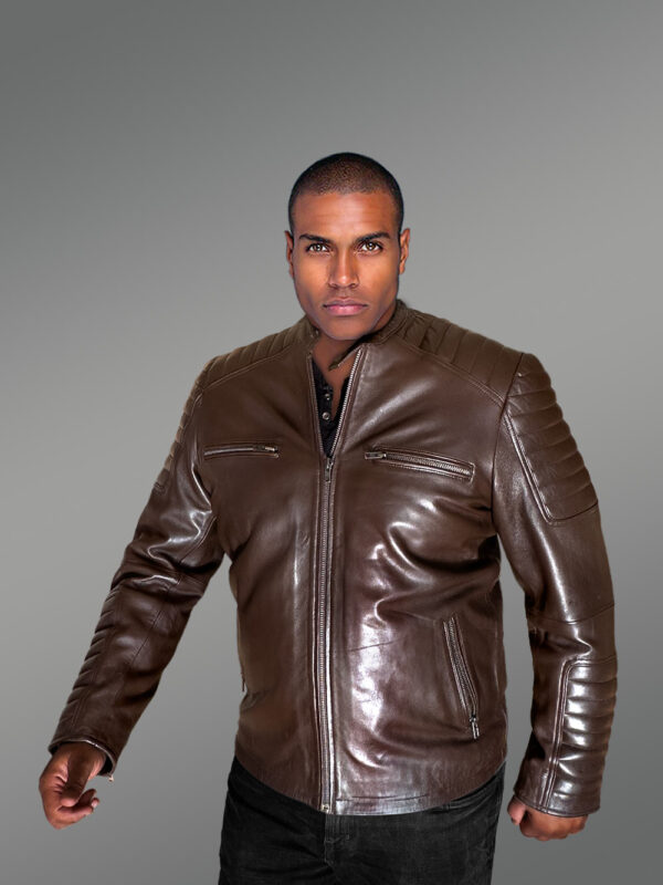 Brown Leather Jacket with Zippers Stylizing Men with Utmost Comfort - Image 6
