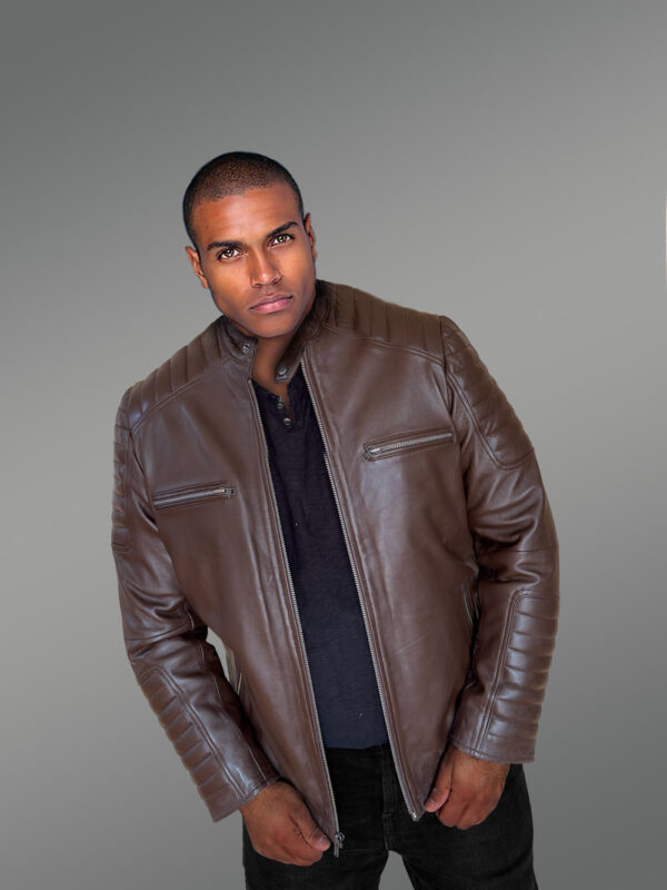 Brown Leather Jacket with Zippers Stylizing Men with Utmost Comfort - Image 4