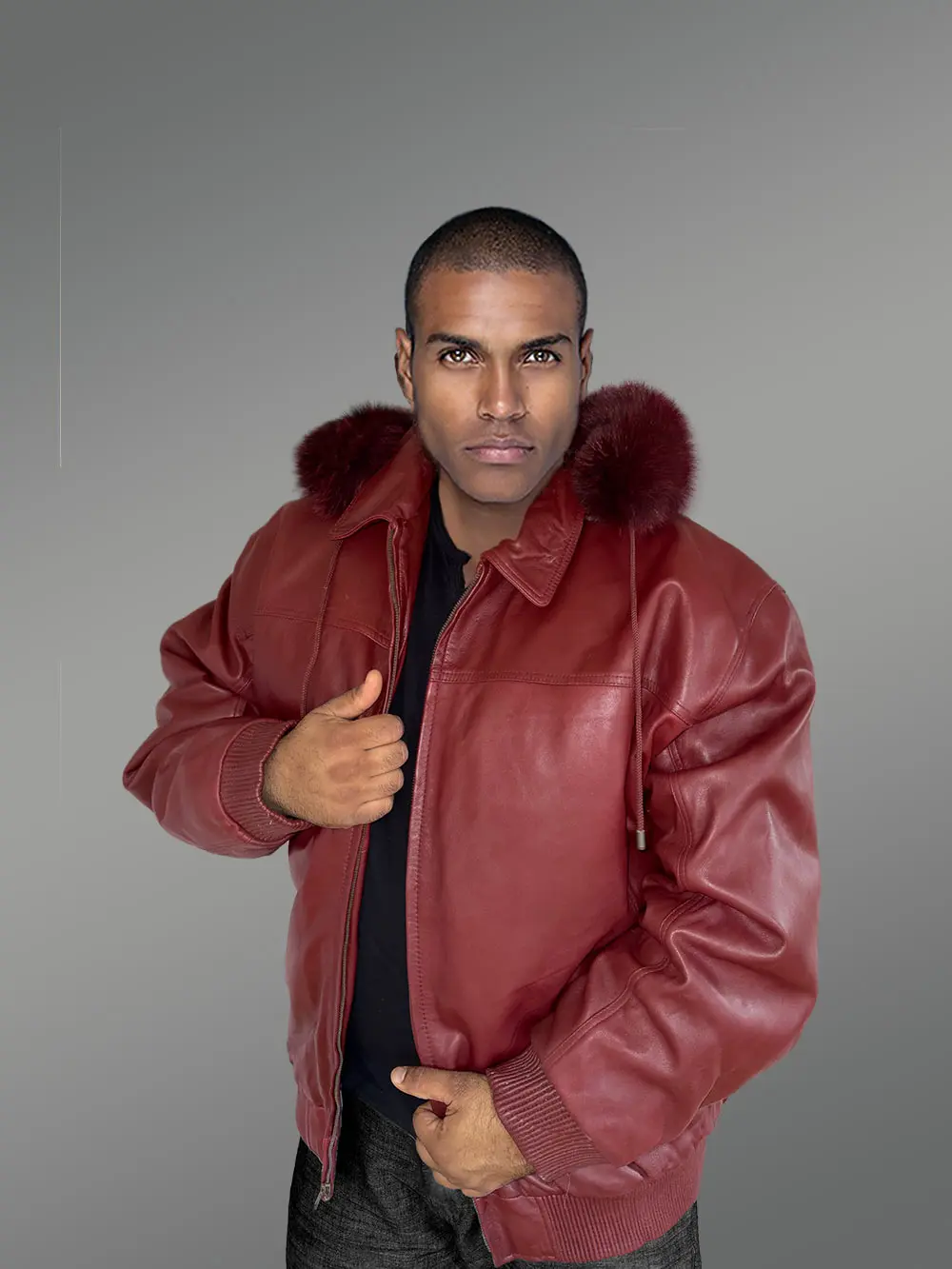 Mens Leather Bomber Jacket with Hood in Wine - Image 6