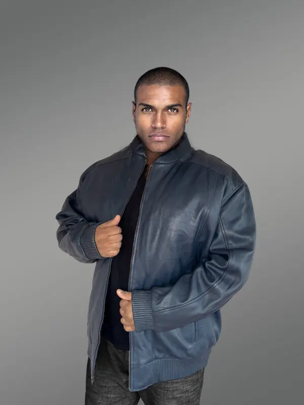 Mens baseball Leather Bomber Jacket in Navy - Image 2