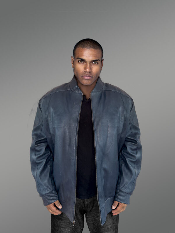 Mens baseball Leather Bomber Jacket in Navy - Image 3