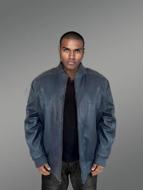 Mens baseball Leather Bomber Jacket in Navy - Image 3