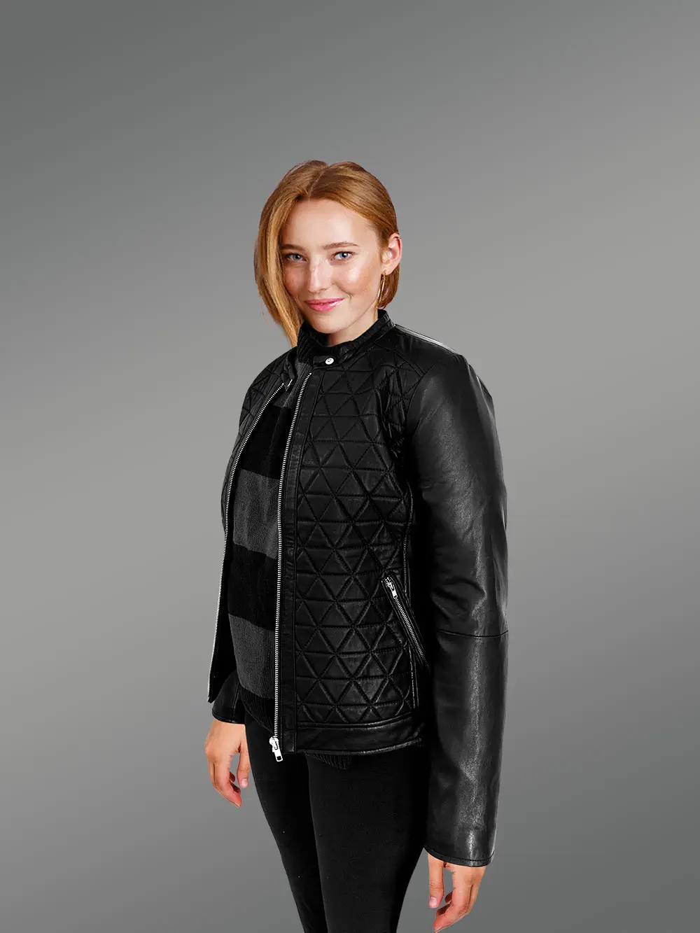 Women’s Leather Biker Jacket in Quilt - Image 2