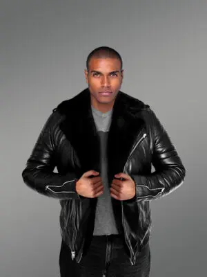 Men’s Biker Leather Jacket with Sheepskin Frontline