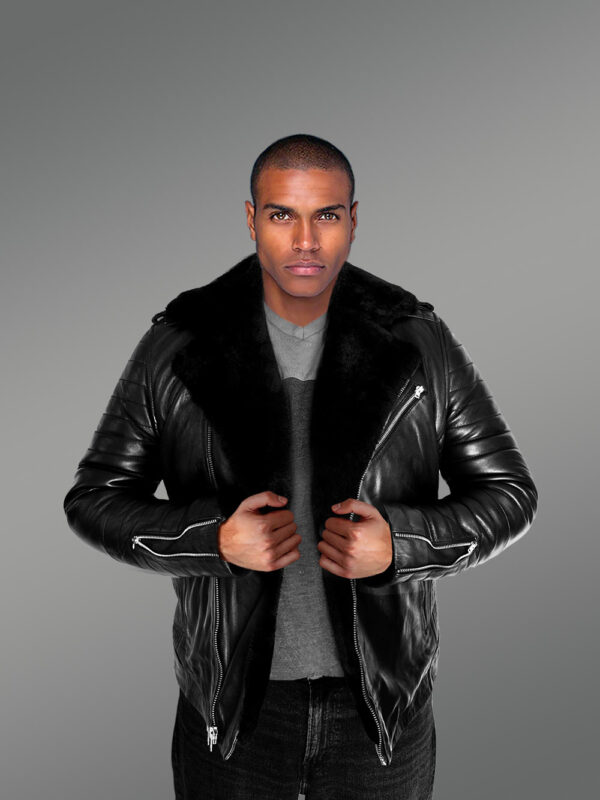 Men’s Biker Leather Jacket with Sheepskin Frontline